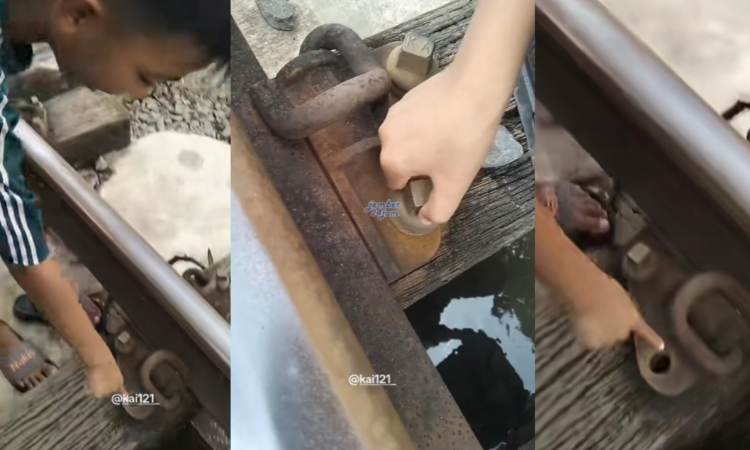 Cuplikan tangkapan layar video bocah yang menemukan baut rel longgar (Foto: Istimewa)