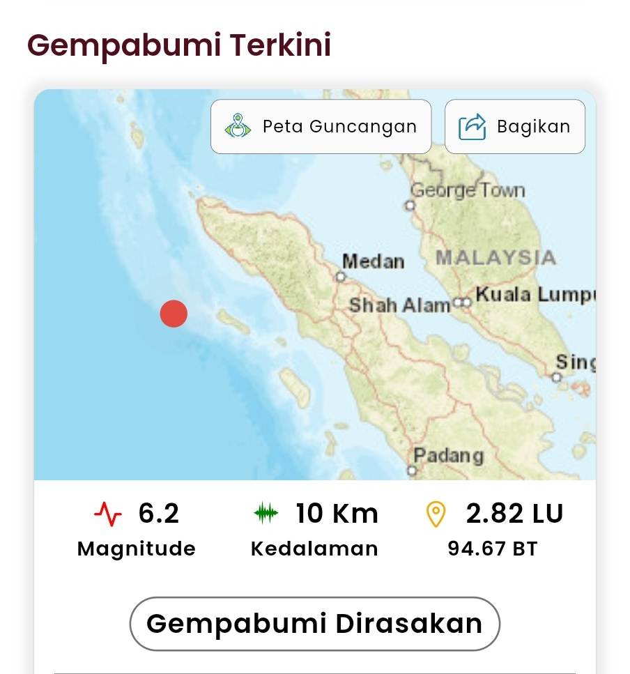 Gempa hari ini Sinabang aceh