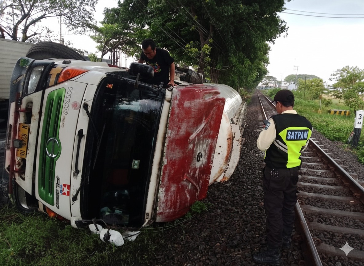 Truk yang terguling di Pasuruan, sebabkan perjalanan KA di Jember terganggu (Foto: Istimewa)